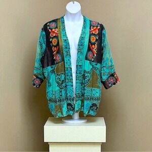 Soft Surroundings Istanbul Kimono Jacket 3X‎ Teal Boho Embroidered Open Front